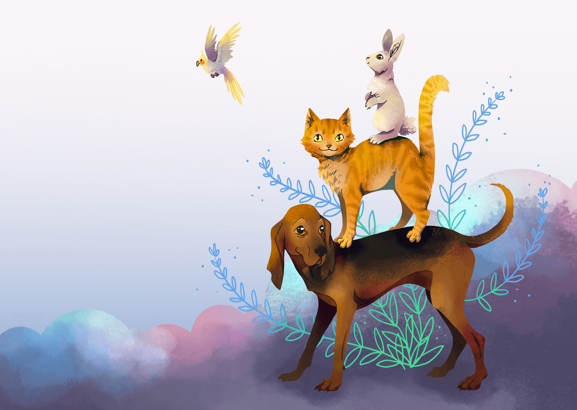 Illustration d'introdution comportant un chien, un chat, un lapin et un oiseau